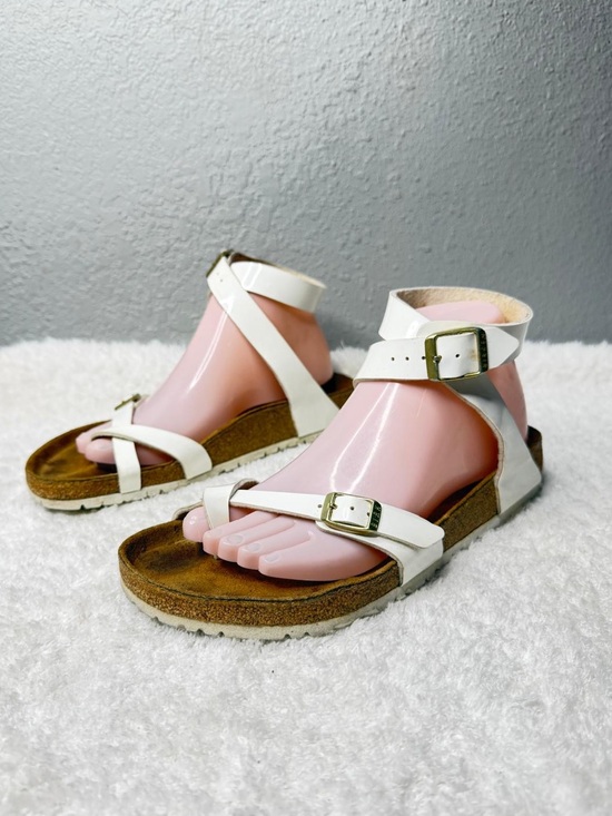 Birkenstock Shoes - Birkenstock Yara White Patent Birko-Flor Ankle Wrap Sandals Size 40 US 9 regular